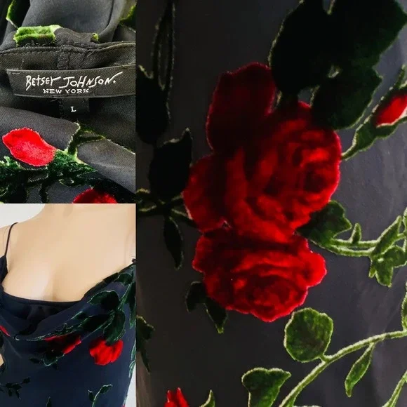 Vintage 90’s Betsey Johnson NY Dress Black Red Rose Mesh Velvet Burnout Sz L - Picture 13 of 13